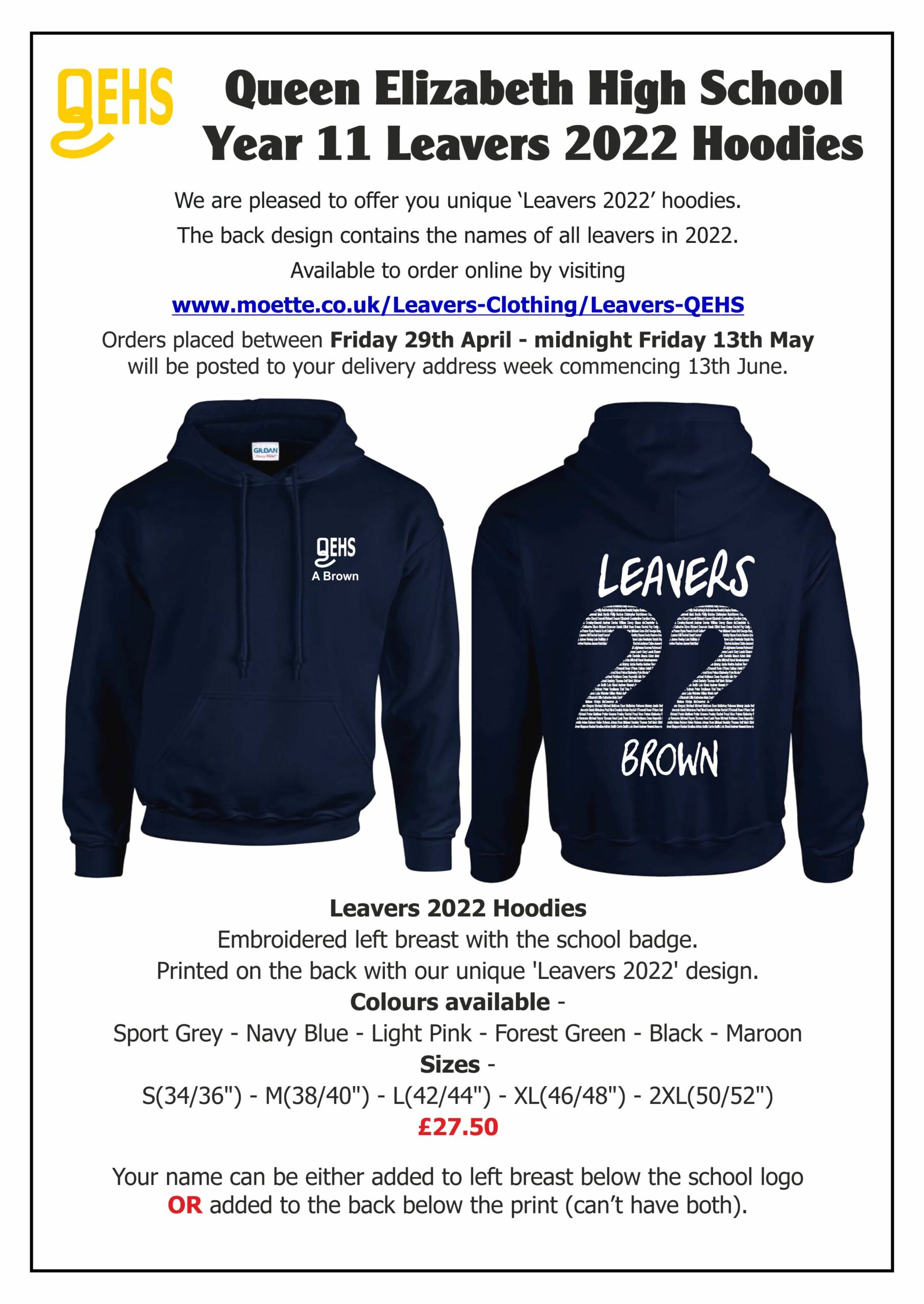 Year 11 Leavers Hoodies Queen Elizabeth High School